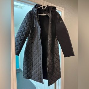 DKNY Hooded, Quilted, Zip-up, Mid Length Black Coat